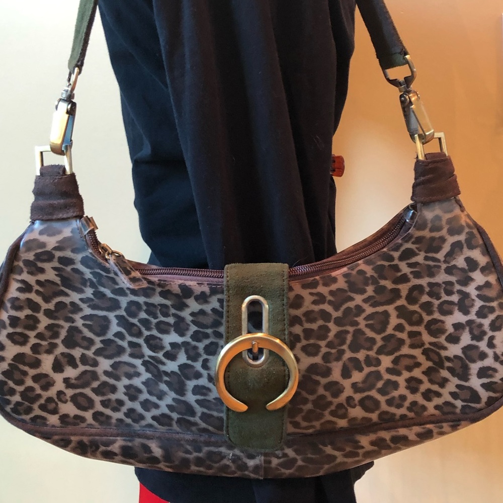 Women’s vinyl leopard purse with olive green suede